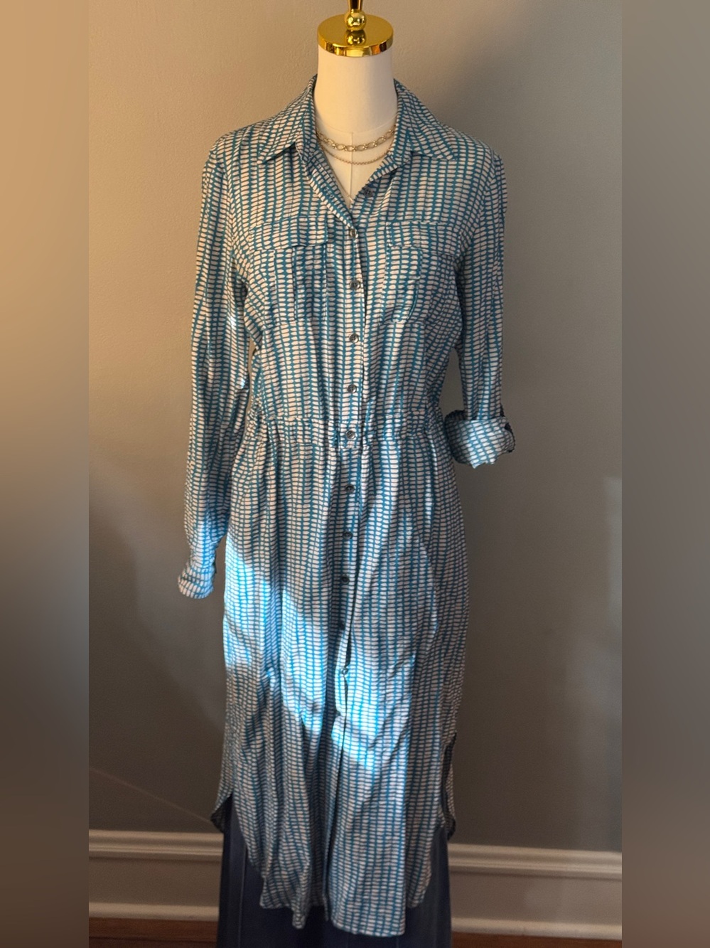 Maeve Blue & White Printed Button-Front Maxi Dress